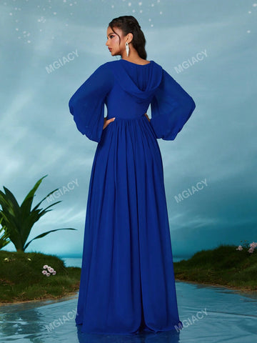 V-Neck Hooded Criss-Cross Pendant Lantern Sleeve Chiffon Maxi Dress