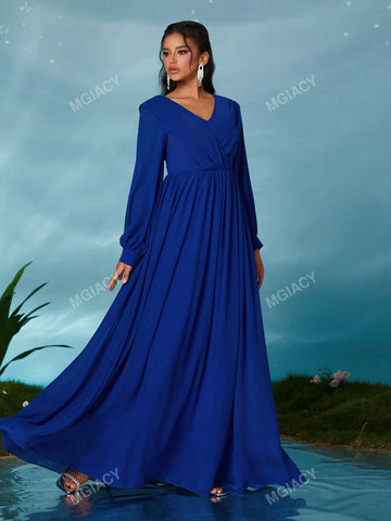 V-Neck Hooded Criss-Cross Pendant Lantern Sleeve Chiffon Maxi Dress