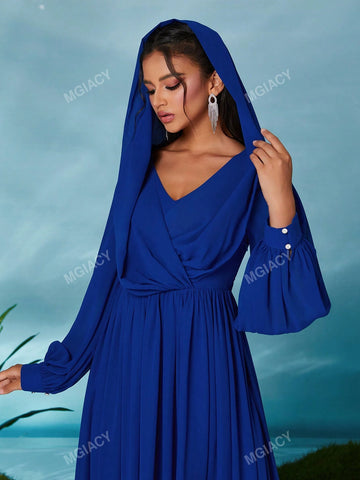 V-Neck Hooded Criss-Cross Pendant Lantern Sleeve Chiffon Maxi Dress