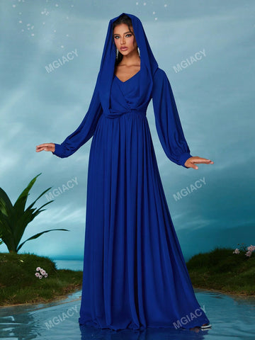 V-Neck Hooded Criss-Cross Pendant Lantern Sleeve Chiffon Maxi Dress