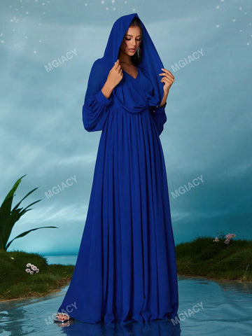V-Neck Hooded Criss-Cross Pendant Lantern Sleeve Chiffon Maxi Dress