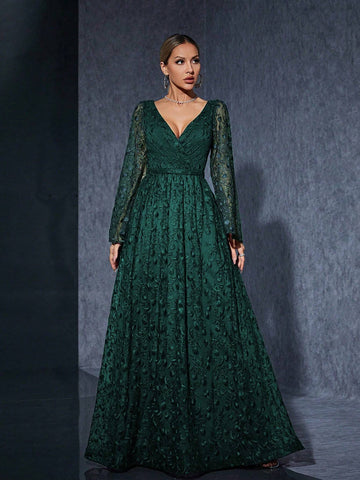 V-Neck Spaghetti Strap Embroidered Lace Flare Sleeve High-End Evening Dress