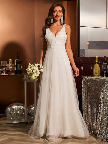 V-Neck Lace Patchwork Sleeveless Mesh Splice Slim Fit Wedding Dress