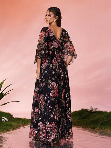 V-Neck Lace Puff Sleeve High-End Evening Dress With Print