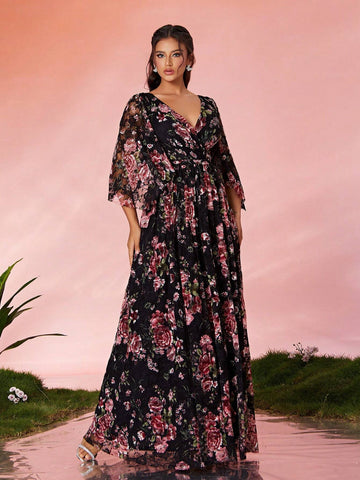 V-Neck Lace Puff Sleeve High-End Evening Dress With Print