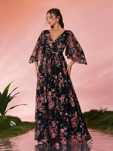 V-Neck Lace Puff Sleeve High-End Evening Dress With Print