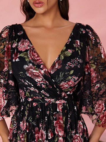 V-Neck Lace Puff Sleeve High-End Evening Dress With Print