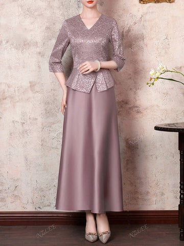 V-Neck Lace Sequin Bridesmaid Dress Swing Dress - Elegant Three Quarter Sleeves Women Dress Midi Length - Formal Evening Dress For Banquets, Weddings And Special Occasions