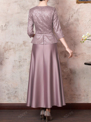 V-Neck Lace Sequin Bridesmaid Dress Swing Dress - Elegant Three Quarter Sleeves Women Dress Midi Length - Formal Evening Dress For Banquets, Weddings And Special Occasions