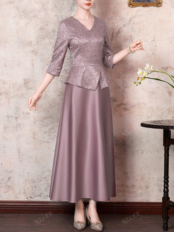 V-Neck Lace Sequin Bridesmaid Dress Swing Dress - Elegant Three Quarter Sleeves Women Dress Midi Length - Formal Evening Dress For Banquets, Weddings And Special Occasions