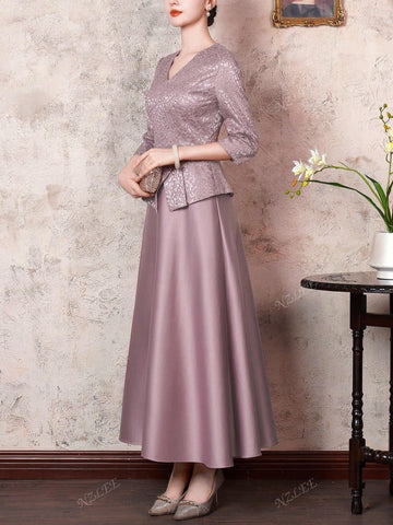 V-Neck Lace Sequin Bridesmaid Dress Swing Dress - Elegant Three Quarter Sleeves Women Dress Midi Length - Formal Evening Dress For Banquets, Weddings And Special Occasions