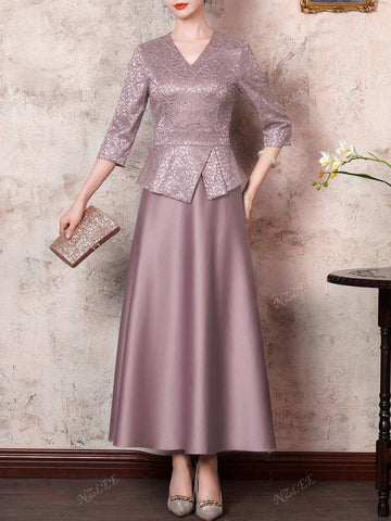 V-Neck Lace Sequin Bridesmaid Dress Swing Dress - Elegant Three Quarter Sleeves Women Dress Midi Length - Formal Evening Dress For Banquets, Weddings And Special Occasions