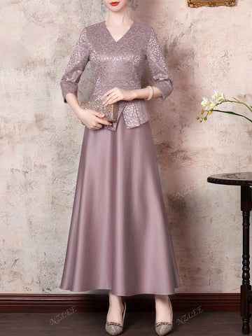 V-Neck Lace Sequin Bridesmaid Dress Swing Dress - Elegant Three Quarter Sleeves Women Dress Midi Length - Formal Evening Dress For Banquets, Weddings And Special Occasions