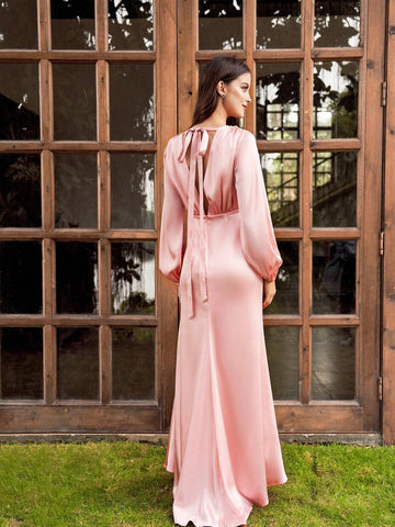 V-Neck Lantern Sleeve Slit Fashionable Satin Bridesmaid Dress