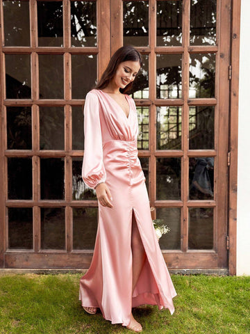 V-Neck Lantern Sleeve Slit Fashionable Satin Bridesmaid Dress