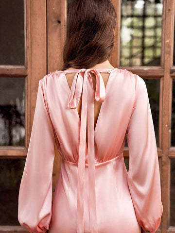 V-Neck Lantern Sleeve Slit Fashionable Satin Bridesmaid Dress