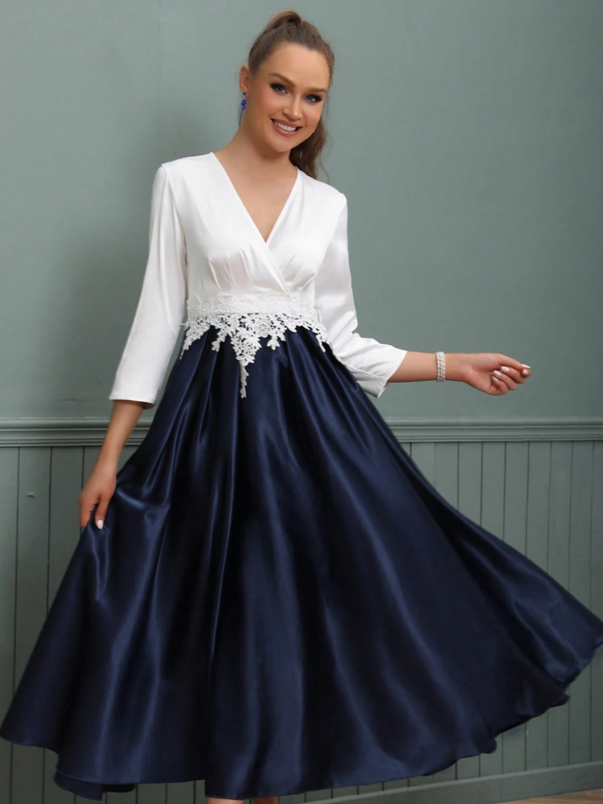 V-Neck Long Satin Mother Of The Bride Dress With Waist Belt And Embroidered Flowers