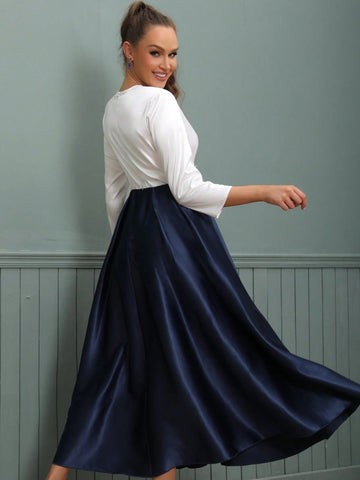 V-Neck Long Satin Mother Of The Bride Dress With Waist Belt And Embroidered Flowers