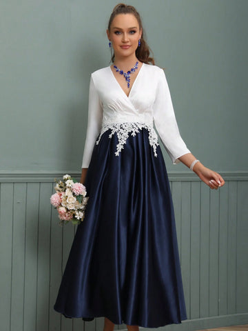 V-Neck Long Satin Mother Of The Bride Dress With Waist Belt And Embroidered Flowers