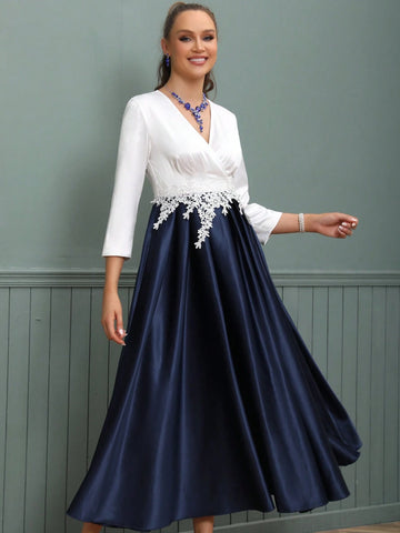 V-Neck Long Satin Mother Of The Bride Dress With Waist Belt And Embroidered Flowers