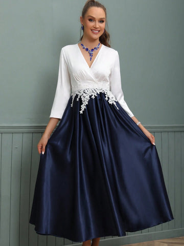 V-Neck Long Satin Mother Of The Bride Dress With Waist Belt And Embroidered Flowers