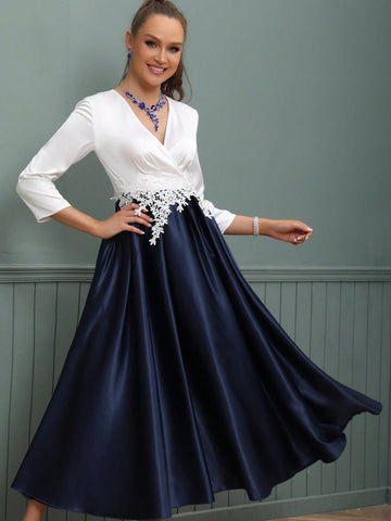 V-Neck Long Satin Mother Of The Bride Dress With Waist Belt And Embroidered Flowers