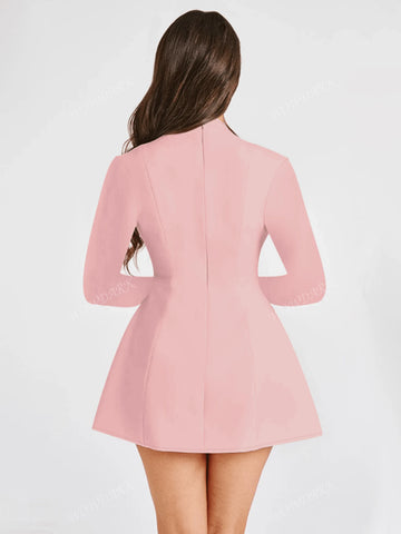V-Neck Long Sleeve Back Zipper Faux Pocket Short Dress, Casual Vacation