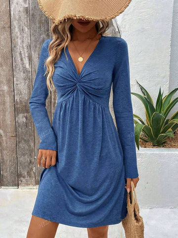 V-Neck Long Sleeve Braided Knitted A-Line Casual Mini Dress, Blue