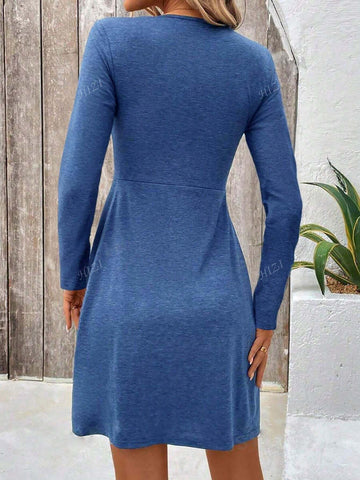 V-Neck Long Sleeve Braided Knitted A-Line Casual Mini Dress, Blue