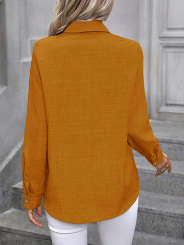 V-Neck Long Sleeve Button Down Casual Shirt For Women, Suitable For Commuting, Autumn/Winter