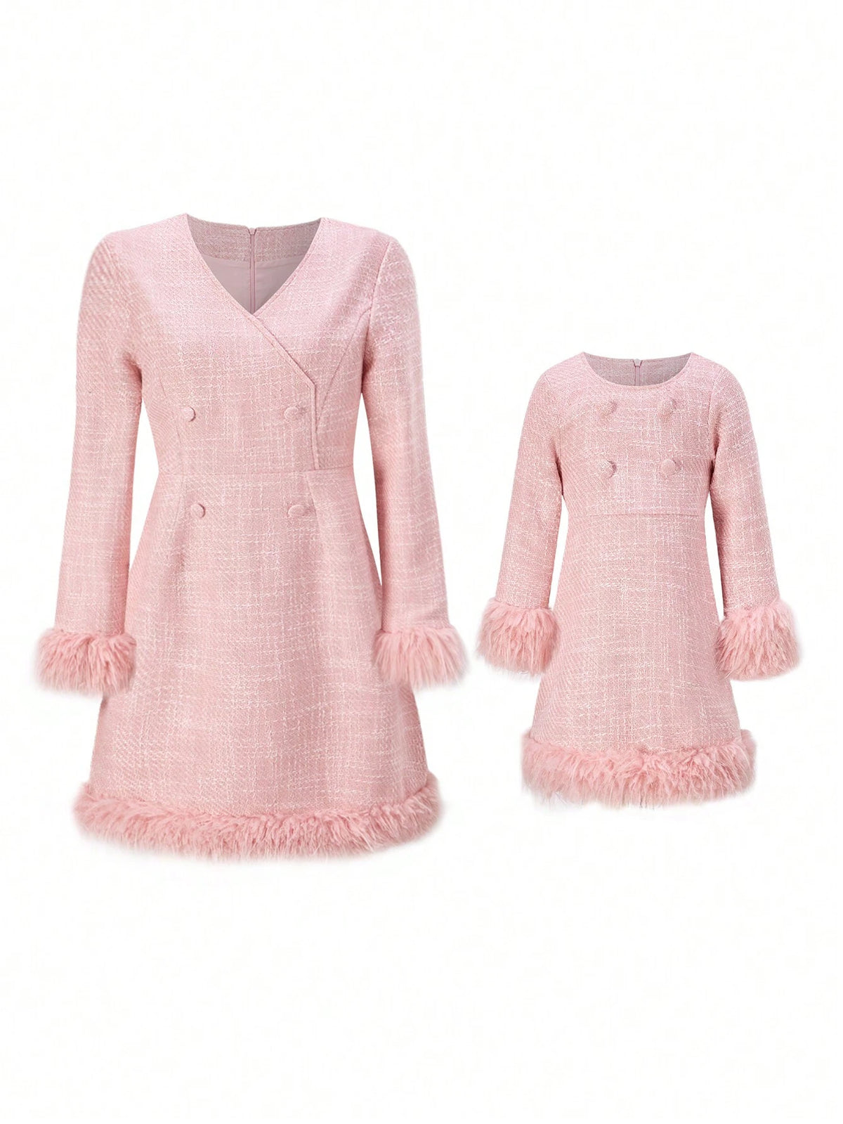 V-Neck Long Sleeve Contrast Faux Fur Hem Knit Dress, Mommy And Me Matching Outfits (Sold Separately), Autumn/Winter