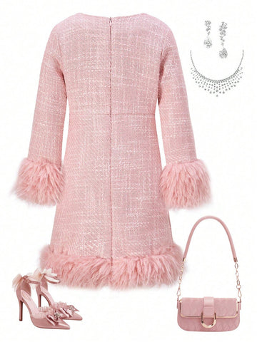 V-Neck Long Sleeve Contrast Faux Fur Hem Knit Dress, Mommy And Me Matching Outfits (Sold Separately), Autumn/Winter