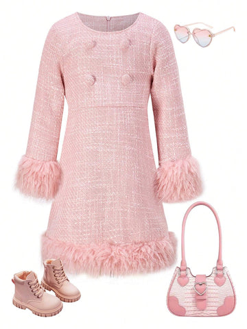 V-Neck Long Sleeve Contrast Faux Fur Hem Knit Dress, Mommy And Me Matching Outfits (Sold Separately), Autumn/Winter
