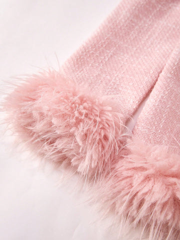 V-Neck Long Sleeve Contrast Faux Fur Hem Knit Dress, Mommy And Me Matching Outfits (Sold Separately), Autumn/Winter