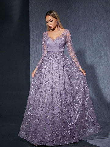 V-Neck Long Sleeve Embroidered Lace See-Through Velvet Belted Maxi Dress