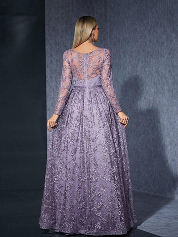V-Neck Long Sleeve Embroidered Lace See-Through Velvet Belted Maxi Dress