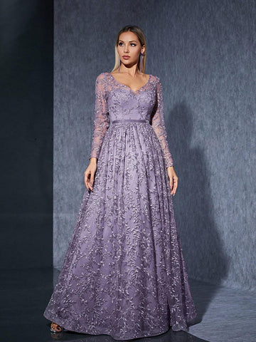 V-Neck Long Sleeve Embroidered Lace See-Through Velvet Belted Maxi Dress