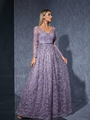 V-Neck Long Sleeve Embroidered Lace See-Through Velvet Belted Maxi Dress