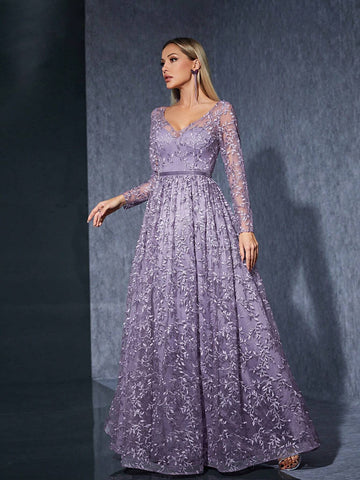 V-Neck Long Sleeve Embroidered Lace See-Through Velvet Belted Maxi Dress