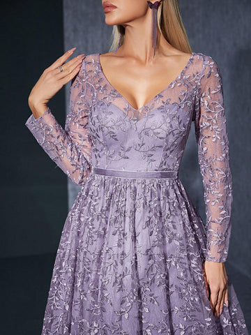 V-Neck Long Sleeve Embroidered Lace See-Through Velvet Belted Maxi Dress