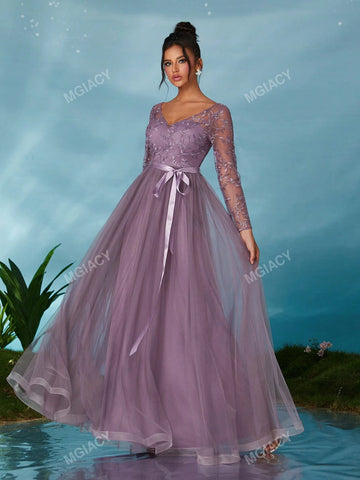 V-Neck Long Sleeve Embroidered Lace Sheer Satin Tie-Up Maxi Dress