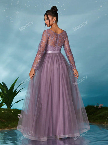 V-Neck Long Sleeve Embroidered Lace Sheer Satin Tie-Up Maxi Dress