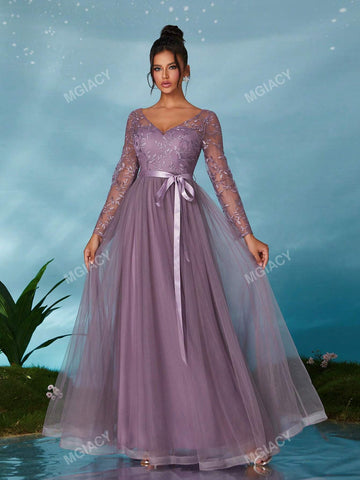 V-Neck Long Sleeve Embroidered Lace Sheer Satin Tie-Up Maxi Dress