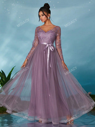 V-Neck Long Sleeve Embroidered Lace Sheer Satin Tie-Up Maxi Dress