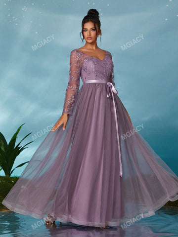 V-Neck Long Sleeve Embroidered Lace Sheer Satin Tie-Up Maxi Dress