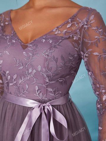 V-Neck Long Sleeve Embroidered Lace Sheer Satin Tie-Up Maxi Dress