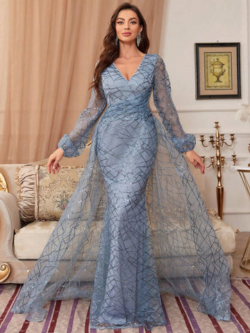 V-Neck Long Sleeve Heavy Sequined Long Evening Party Dress