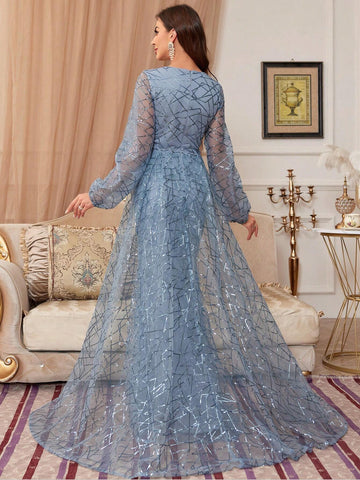 V-Neck Long Sleeve Heavy Sequined Long Evening Party Dress