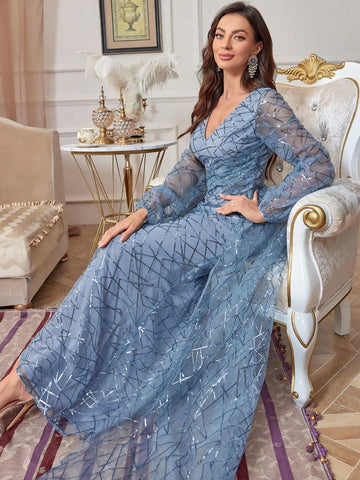 V-Neck Long Sleeve Heavy Sequined Long Evening Party Dress