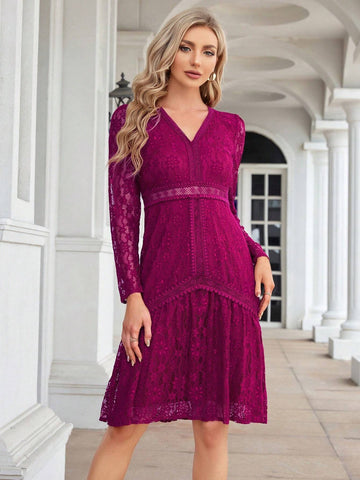 V-Neck Long Sleeve Knee Length Bridesmaid Dress With Waist Cinched